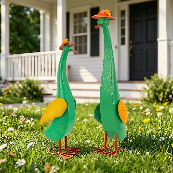 22" Duck Garden Statue Set of 2 Metal Ducks | Outdoor Yard Art Porch Animal Figurine Lawn Ornament Rustproof Yard Sculptures for Outside Patio Backyard Decorations