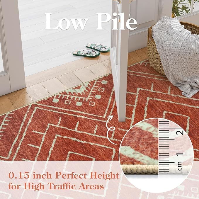 LIVEBOX Western 5x7 Area Rug, Washable Orange Rugs for Living Room Bedroom, Soft Non Slip Moroccan Tribal Rug Geometric Boho Area Rugs Diamond Carpet for Dining Room Home Office Decor (Brick Red)