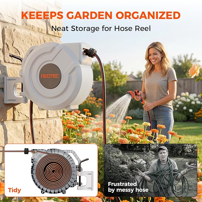 NEO-TEC 115ft 5/8" Retractable Garden Hose Reel with Auto Rewind Any Length Lock Heavy Duty Hose Reel,9-Pattern Nozzle,180°Swivel,UV Resistant Wall Mount Hose Reel for Outdoor Garden Car Patio