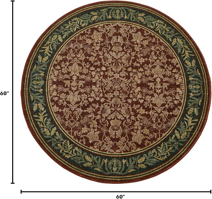GarveeHome Round Rugs 5ft Washable Circle Rug for Living Room, Red | Boho Vintage Non Slip Soft Low Pile Stain Resistant Indoor Carpet for Bedroom Dining Room Kitchen Entryway Office