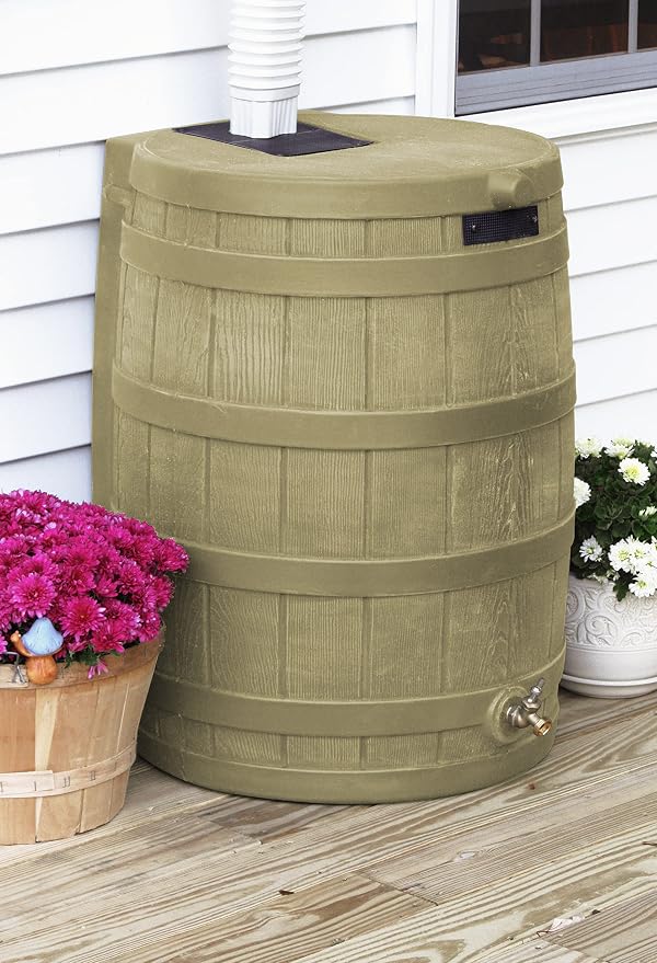 Good Ideas Rain Wizard 50 Gallon Plastic Outdoor Home Rain Barrel Water Storage Collector with Brass Spigot and Flat Back Design, Khaki
