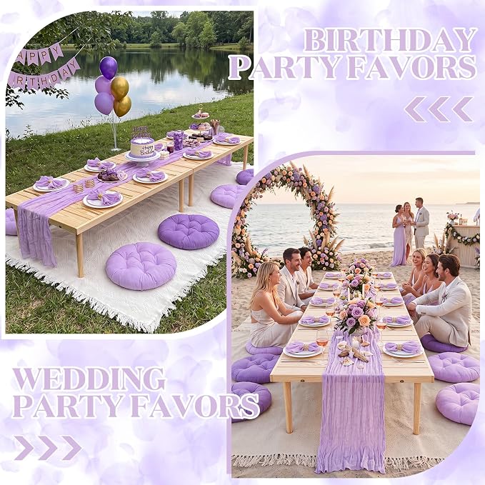 Beeveer 71x118'' Extra Large Outdoor Picnic Blanket with Light Purple Table Runner 8 Napkins and 8 Purple Floor Pillow Cushions for Picnic Party Camping Wedding Bachelorette Birthday Baby Shower Decor