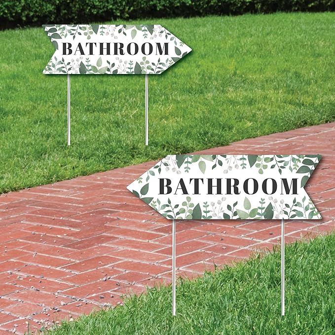 Big Dot of Happiness Boho Botanical Wedding Bathroom Signs - Greenery Wedding Sign Arrow - Double Sided Directional Yard Signs - Set of 2 Bathroom Signs