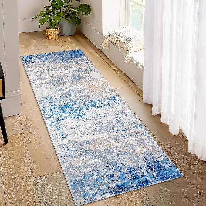 ROYHOME 2x6 Modern Abstract Runner Rug, Blue/Grey | Non Slip Soft Stain Resistant Low Pile Machine Washable Non Shed Rug for Hallway Kitchen Bathroom