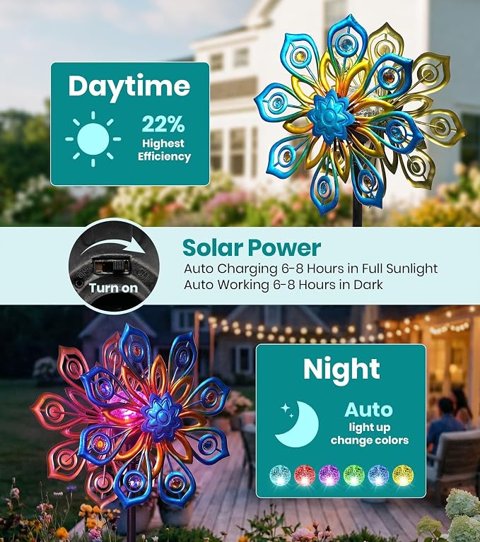 63" Solar Wind Spinners Outdoor, 13" Metal Kinetic Garden Art Decor | Artisan Hand-Crafted,Weather-Resistant,Heavy-Duty,Whisper-Quiet Bearings,Auto-Glow Solar Crackle,Stable 5-Prong Ground Stake