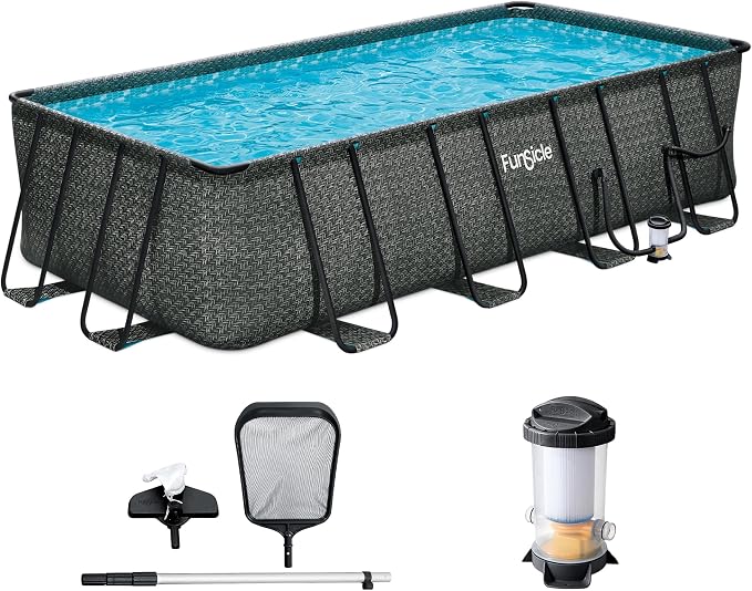 Funsicle Oasis Designer Lap 18' x 9'x 52" Rectangular Above Ground Swimming Pool, with FiltraBoost 1200 GPH Filter Pump, Ladder, Maintenance Kit, Cover, Ground Cloth & Repair Patch, Dark Herringbone | With FiltraBoost 1200 GPH Pump, Ladder, Maintenance...