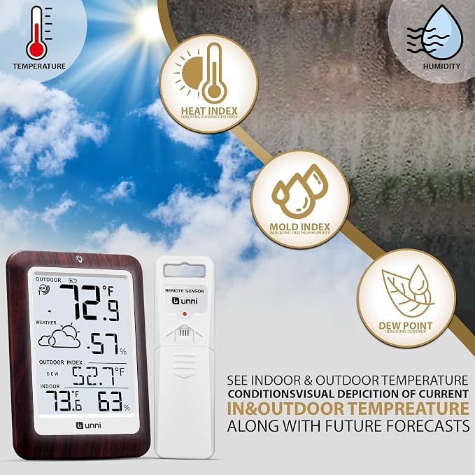 Indoor Outdoor Thermometer Wireless Weather Station, Temperature Humidity Monitor Battery Powered Inside Outside Thermometers with 330ft Range Remote Sensor and Backlight Display（Dark Wood）