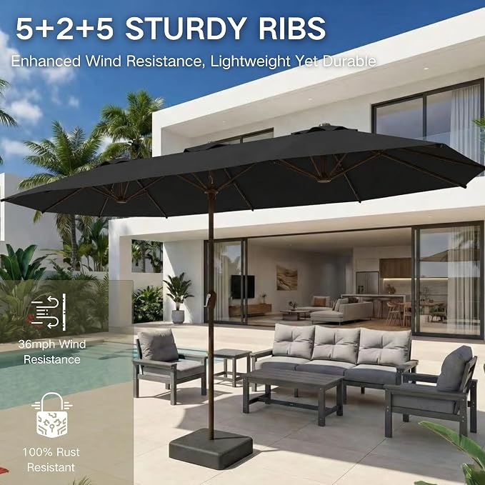 Kingdura 15ft Large Patio Umbrella with Base Included, Double-Sided Rectangle Outdoor Table Umbrella with 12 Reinforced Ribs, Crank Lift for Market Pool Deck Backyard, Black