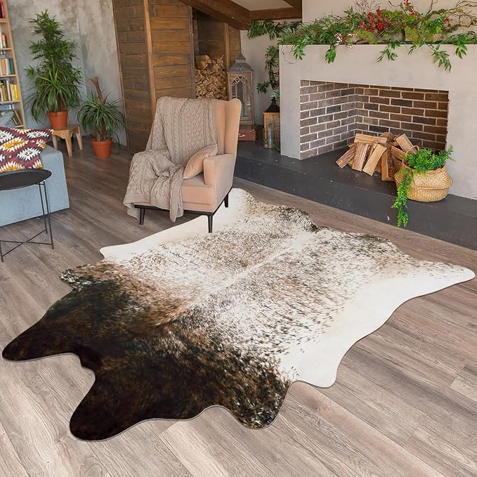 5x6 Cowhide Rug, Washable Faux Brown and White Cow Hyde Area Rugs for Living Room, Rustic Farmhouse Accent Animal Print Carpet for Apartment Couch, Synthetic Cowhide Decor