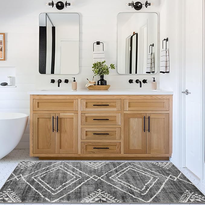 Machine Washable Area Rug Runner - Living Room Bedroom Bathroom Kitchen Entryway Office - Padded Low Pile Stain Resistant Premium - Moroccan Diamond Tribal - Jax - Gray 2'6" x 6'