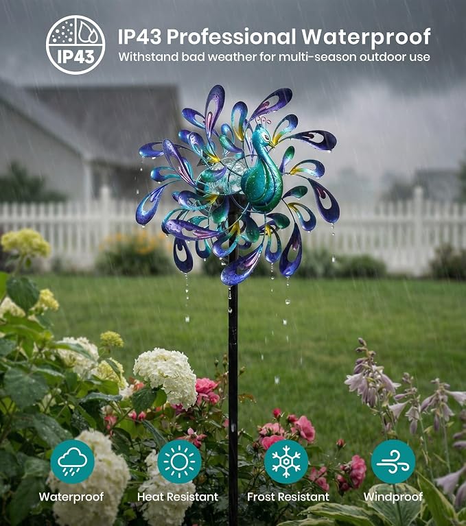 Peacock Wind Spinner Metal Kinetic Turquoise Green Garden Yard Art | Hand-Crafted, Shimmering turquoise metal peacock sculpture, Auto-glow solar crackle ball, Stable 5-prong stake