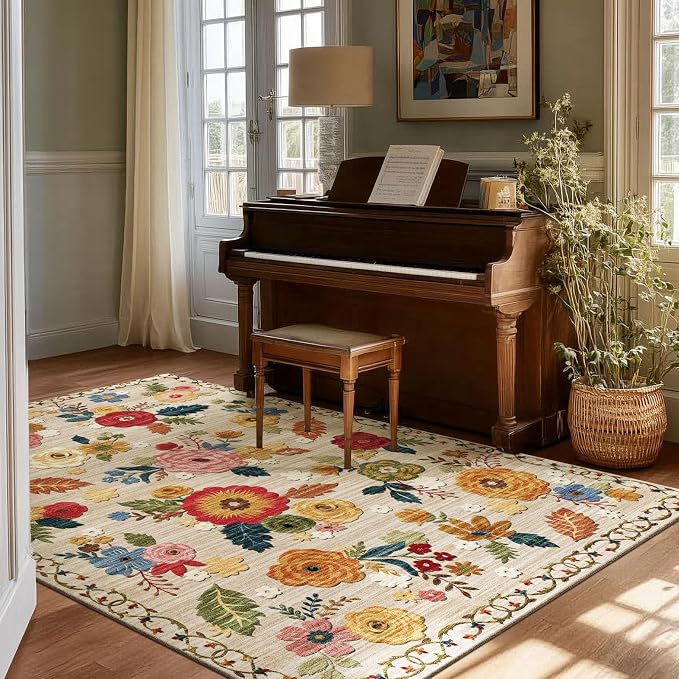 4x6 Washable Area Rugs for Bedroom: Small Living Room Rug with Non Slip Backing Low Pile Soft Faux Wool Distressed Vintage Floral Throw Rugs for Kitchen Entryway Office Nursery Entrance Enytry Indoor