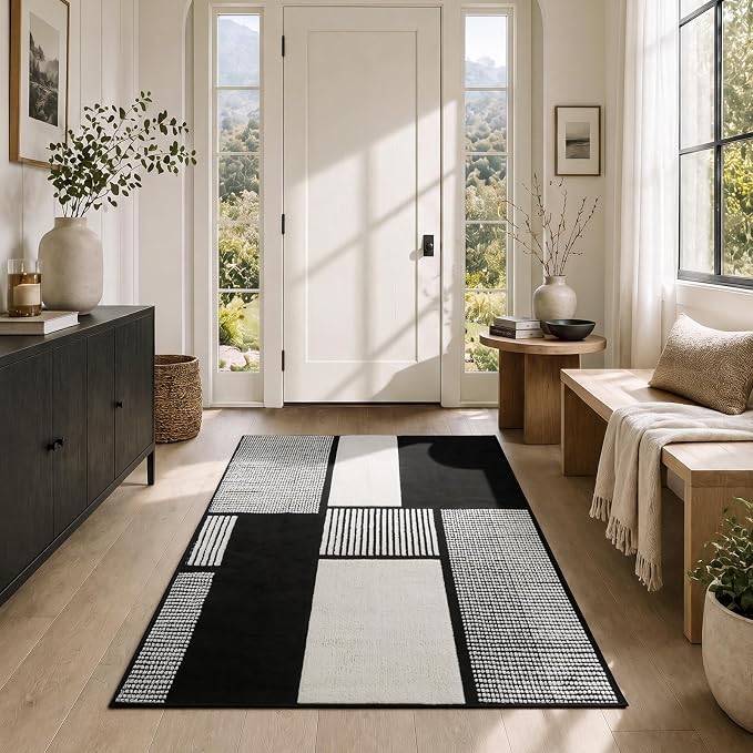 4x6 Black and White Area Rug, Washable Non Slip Modern Entry Carpet | Stain-resistant Low-pile Black and White Geometric Rug, Abstract Patchwork Carpet for Hallway and Home Office