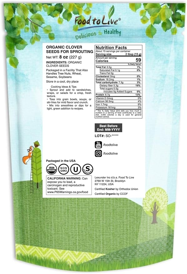 Food to Live - Organic Clover Seeds for Sprouting, 8 Ounces - Non-GMO, Pure, Vegan, Kosher, Bulk, Edible Seeds, Rich in Vitamins, Minerals, Fiber