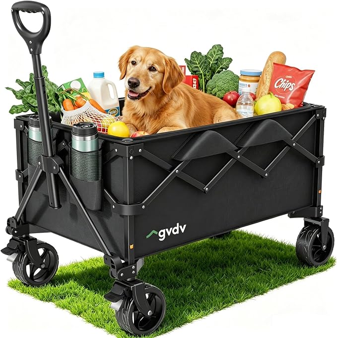 GVDV CW35 Wagons Carts Foldable, 42-Inch Extended Handle Collapsible Utility Wagon, 330LBS Heavy-Duty Shopping Cart for Groceries, Sports, Camping, Garden, Solid Black