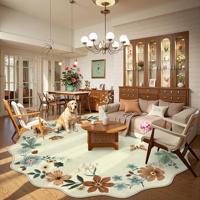 Lahome Floral Washable Round Area Rug, Soft Round Rugs 6ft Ultra-Thin | Non-Slip Boho Large Circle Carpet for Bedroom Living Room Kitchen Nursery Flore, Beige