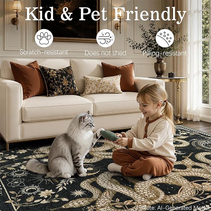 DCX 10x13 Washable Snake Rug for Living Room, Non Slip Low Pile Rug, Black | Rugs for living rooms, bedroom, dining room, office, soft, gothic rug, sain resistant indoor carpet, home decor