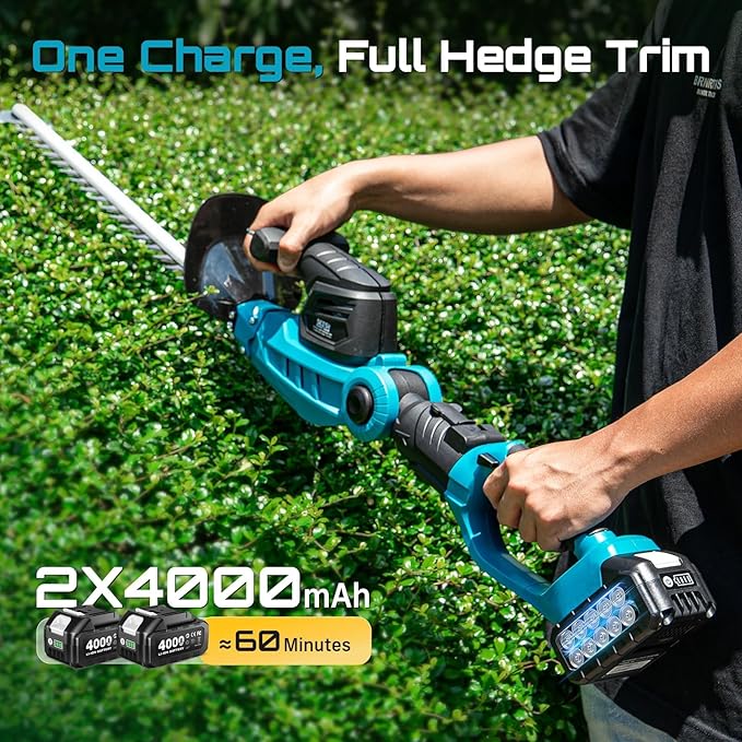 SEESII Pole & Cordless Hedge Trimmer 2-in-1: Electric Bush Trimmer with 20" Dual-Action Blade - 2 x 4000mAh Batteries, Telescopic Pole, Adjustable Rotating Head, Handheld Hedge Cutter for Tree Shrubs