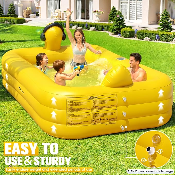 FizZeal Inflatable Pool with LED Lights,Solar Duck Inflatable Pool | 100*60*22 Thickened durable blow-up structure, suitable for kids, adults and family outdoor backyard water play