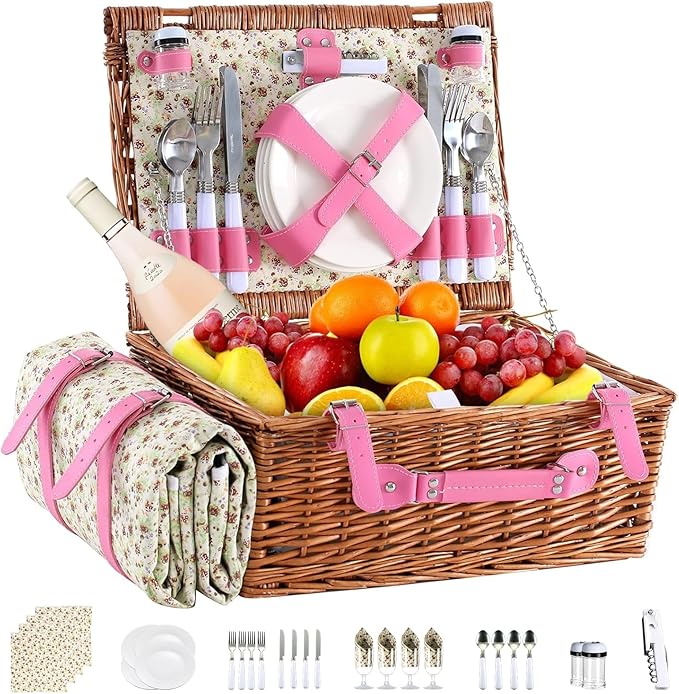 Picnic Basket Set for 4 with Waterproof Blanket Mat Insulation Bag Wicker Pink Floral Classic Fresh Gift for Christmas Thanksgiving Wedding Birthday Camp Outdoor Beach Travel