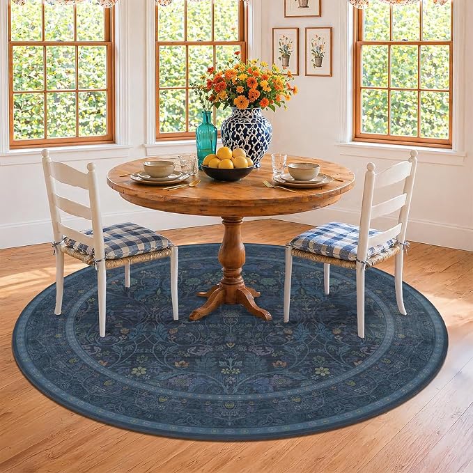 7ft Round Rug for Living Room, Dark Blue Oriental Floral Circle Area Rug, Washable Non-Shedding Low-Pile Carpet for Under Bed, Home Office, Moody Farmhouse Decor, Stain Resistant