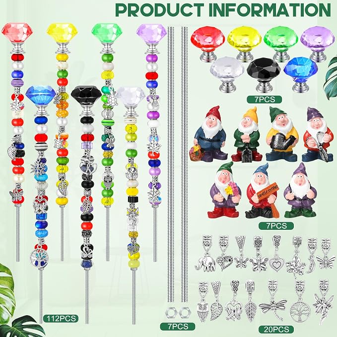 Lineshading 160 Pcs Fairy Wand Gnome Garden Stakes DIY Beaded Stake Garden Decor Includes 7 Crystal Stopper Top 7 Gnome 112 Large Hole Beads 20 Silver Pendants 7 Threaded Rods 7 Pcs Nuts,for Craft