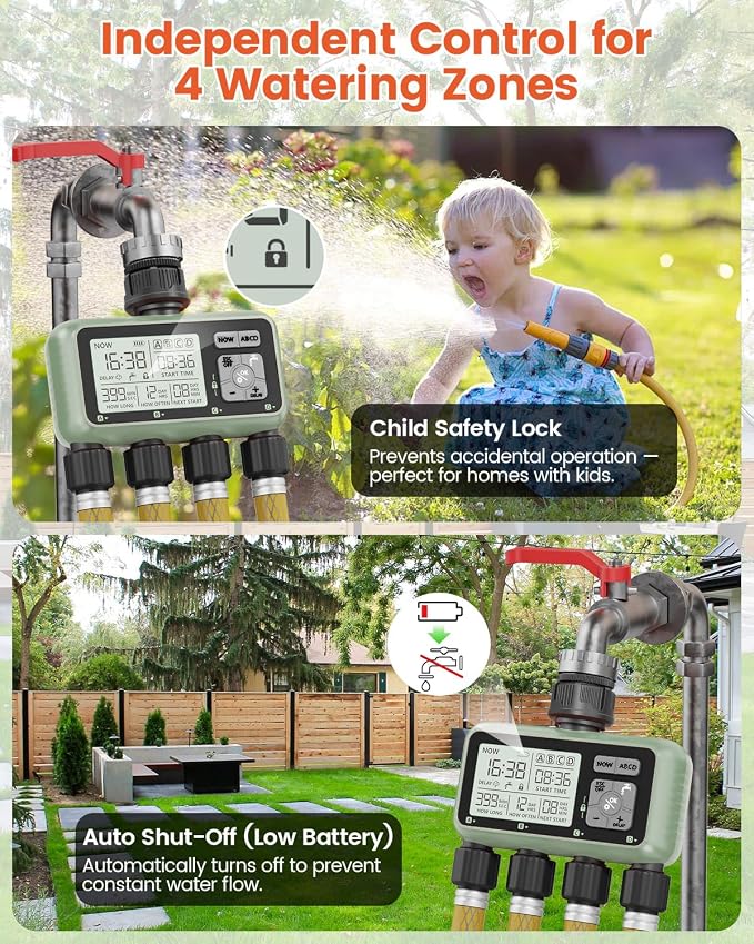 Sprinkler Timer 4 Zone Water Timer for Garden Hose Programmable Outdoor Hose Faucet Controller with Rain Delay Manual and Automatic Irrigation Controller System Low Battery Warning for Lawn Yard
