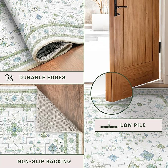 Washable Oushak Bathroom Runner Rug 2x5 - Eclectic Boho Floral Pastel, Non Slip Low Pile Stain Resistant Small Throw Rug for Bedroom, Laundry Room, Powder Room, Cream Green