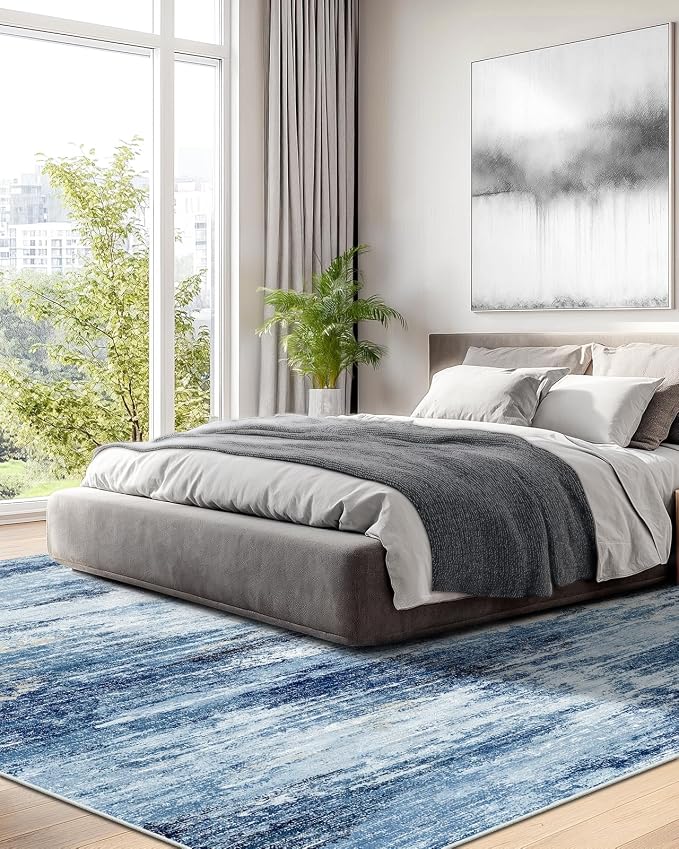 AMADA HOMEFURNISHING 8x10 Area Rug for Living Room, Modern Abstract Rug with Non-Slip Backing & Low Pile, Large Washable Rug with Abstract Pattern for Bedroom, Dinning Room, Home Office,Blue