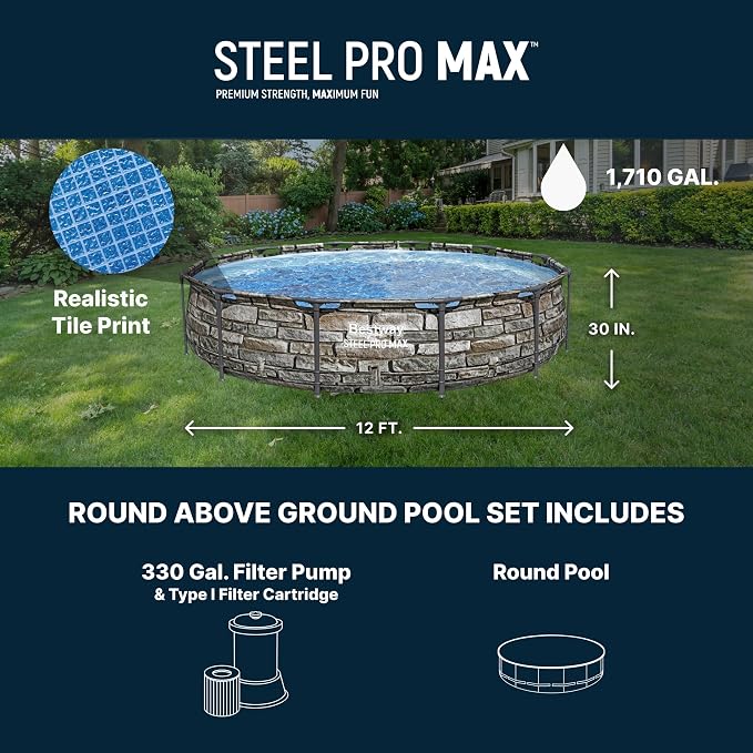 Bestway Steel Pro MAX 12' x 30" Above Ground Swimming Pool Set with Pump | Durable Round Metal Frame Outdoor Backyard Pool, Puncture-Resistant Liner - Type I Filter Cartridge Included, Stone Print