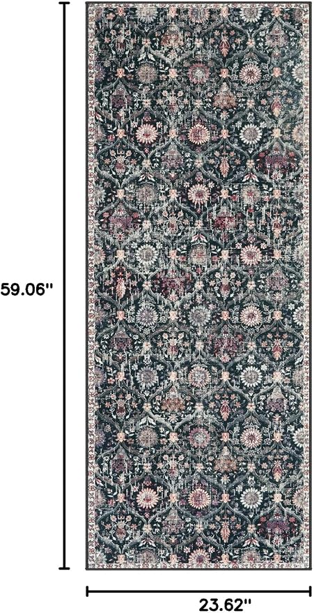 Lahome Moroccan Kitchen Runner, 2x5 Rug Runners for Hallways Non Slip | Laundry Room Rug Trellis Ultra-Thin Washable Vintage Carpet for Bedroom Bathroom Elise, Black/Multi
