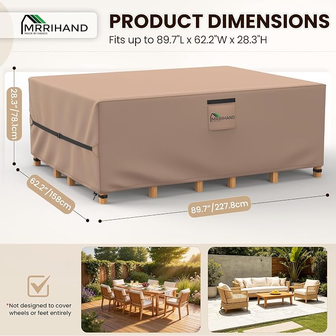 Mrrihand Upgrade 600D Heavy Duty Patio Furniture Covers Waterproof, Patio Furniture Outdoor Sectional Sofa Couch Set, Patio Table and Chair Set Cover 89.7" L×62.2" W×28.3" H, Brown