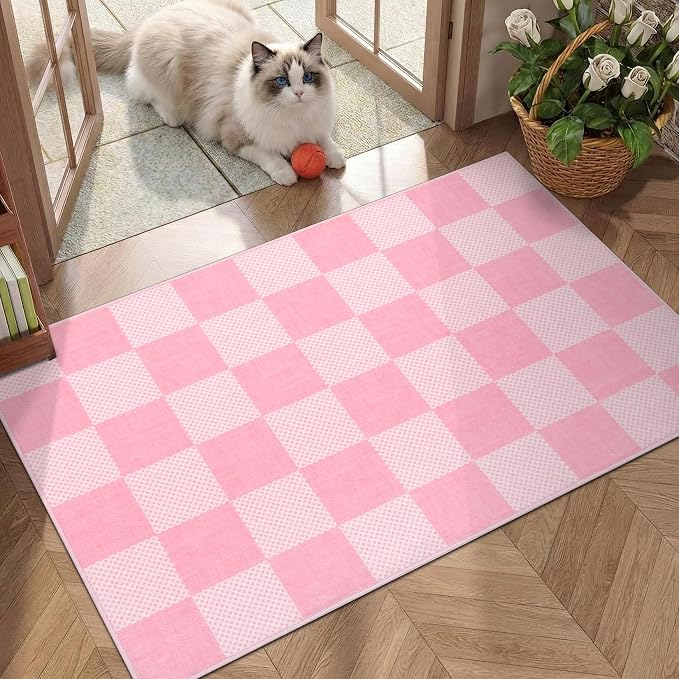 GarveeHome Checkered Pink 2x3 Washable Girls Rug Low-Pile Small Door Mat | Pink and White Area Rug for Entryway Hallway Kitchen Bathroom Stain Resistant Low-Pile Non-Slip Soft Rugs TPE Backing