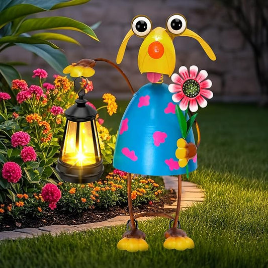 Solar Garden Lights Dog Statue with Solar Lantern Lights,13.38in Tall Dog Decor Outdoor Figurine Lights,Birthday Gifts for Women Mom Grandma,Big Metal Decorative Stakes for Patio,Porch,Yard Art,Lawn