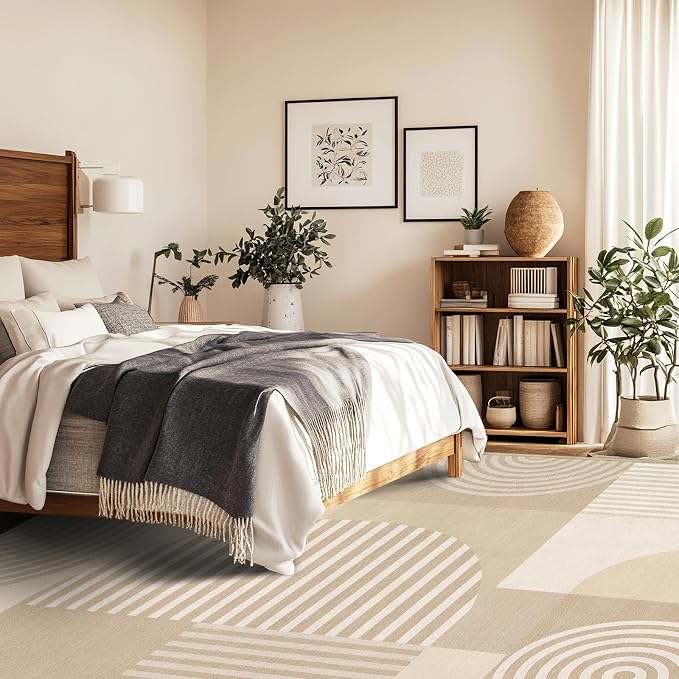 9x12 Area Rug for Living Room Beige Geometric Rug Machine Washable White Minimalist Mid Century Modern Area Rugs Non Slip Low Pile Large Dining Room Floor Carpet for Bedroom Office,Beige