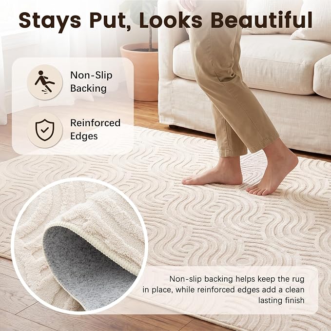 Etwel 2x6 Beige Modern Abstract Textured High-Low Pile Washable Runner Rug | Soft Carpet, Non-Slip PVC Backing, Low Profile, Kid and Pet Friendly, for Kitchen, Entryway, Hallway, Bedroom