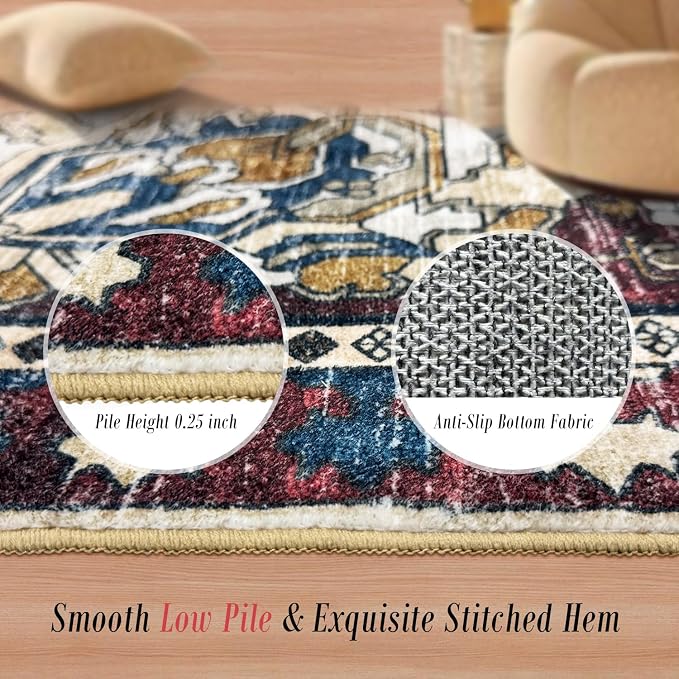 Washable Area Rugs - Perfect for Living Room, Bedroom, Kids Room, Nursery - Stain & Water Resistant Non-Slip, Pet & Child Friendly, Vintage Tribal Area Rugs (Rust and Blue, 5' x 7')