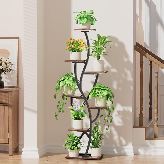 EVAWOO Plant Stand Indoor with Grow Lights - 58" Corner Plant Shelf Indoor, 7 Tiered Tall Lighted Plant Stand for Indoor Multiple Plants, Flower Stands Display Rack Holder for House, Patio, Black