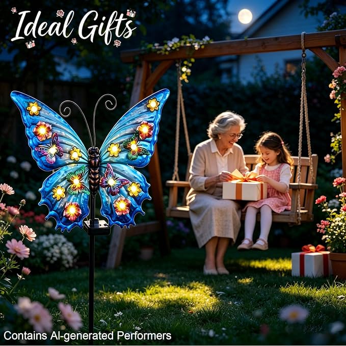 Butterfly Solar Lights Outdoor Waterproof 50.0" Large with String Bulbs and Flowers, Solar Garden Stakes Butterfly Yard Decor Gardening Gifts for Women Mom Grandma Gardeners Enthusiasts