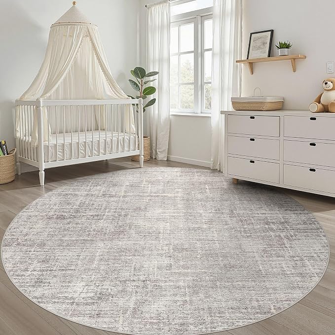LOONGRUG Round Rug 10x10 Washable Neutral Modern Living Room Rug Brown Gray | Circle Large Abstract Soft Stain Resistant Indoor Non-Slip Carpet for Bedroom Nursery Kids Office Playroom Dining Room