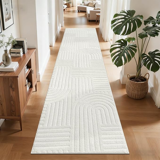 SHACOS Soft Cozy Fluffy Arch Pattern High Low Pile Runner Rugs 2'x8' Non Slip Washable Scandi Minimalist Area Rug Runner Modern Carpet for Living Room Bedroom Bathroom Hallway Kitchen, Cream White
