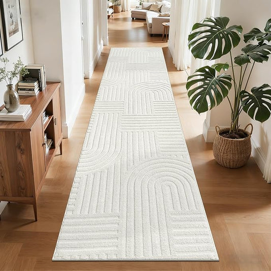 SHACOS Soft Cozy Fluffy Arch Pattern High Low Pile Runner Rugs 2'x8' Non Slip Washable Scandi Minimalist Area Rug Runner Modern Carpet for Living Room Bedroom Bathroom Hallway Kitchen, Cream White