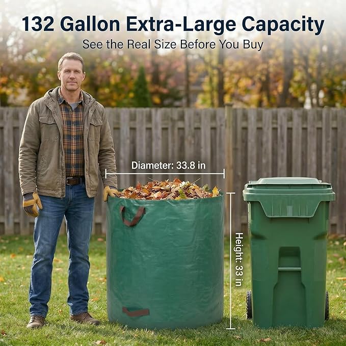 Professional 4-Pack 132 Gallon Gardening Bags for Lawn Yard, Extra Large Reusable Leaf Bags, Waste and Trash Container