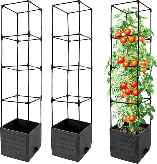 Tomato Planter with Trellis, 57 Inch Self-Watering Planter Box 2-Pack, Grey Planter with Metal Support for Outdoor Indoor Climbing Plants