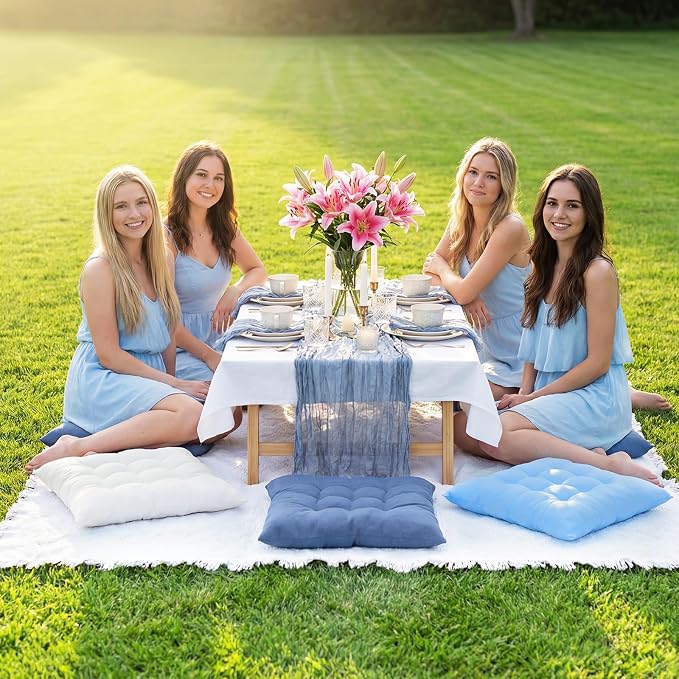 8 Pcs Fit for 6 People 91 x 71'' Extra Large Outdoor Picnic Blanket with Blue White Table Runner and Floor Pillow Cushion Fit for 6 People Picnic Wedding Birthday Baby Shower Backyard Decor