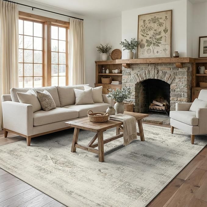 DCX Washable 6x9 Beige Rug Stain Resistant Distressed Vintage Rug | Kid & Pet Friendly with Rubber Back Non Slip Soft Low Pile Large Carpet for Living Room, Bedroom, Home Office