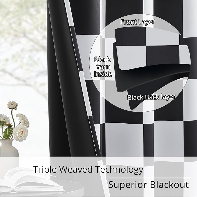 Rod Pocket & Back Tab Curtains, Race car Flag Checkered Curtains,100% Blackout, Thermal Insulated Noise Reducing Drapes for Bedroom, Black and White Curtains, 2 Panels, Each W52×L84