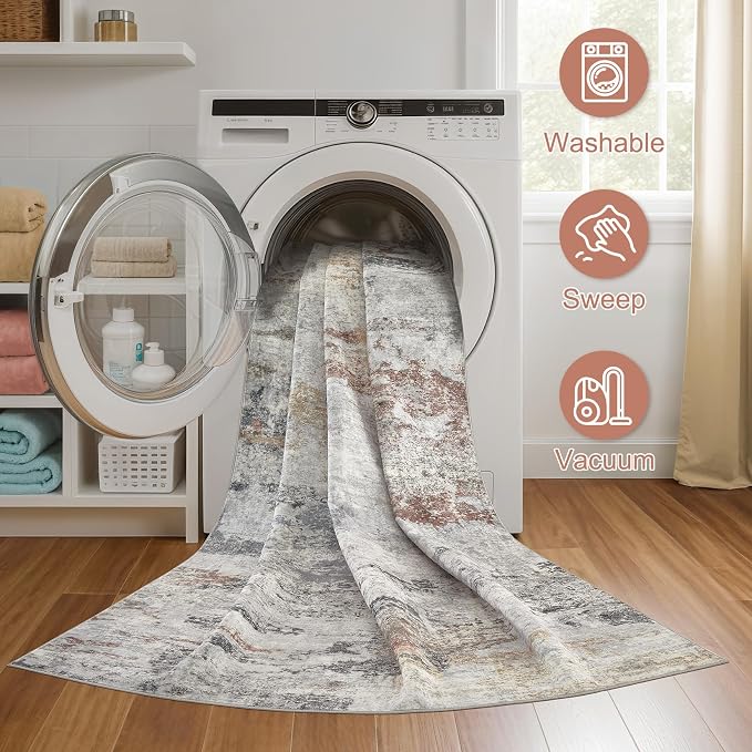 DMOYEST 10x12 Area Rug for Living Room Washable Abstract Indoor Carpet | Neutral Modern Low Pile Rugs Kid & Pet Friendly Large Soft Thin Carpet for Bedroom Dining Room - Grey/Orange/Yellow