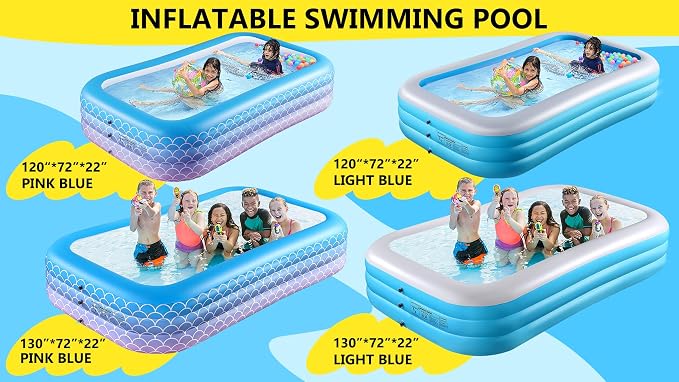 2025 Upgrade Inflatable Pool for Kids and Adults-120"*72"*22" Full-Sized Inflatable Swimming Pool Leakproof Blow Up Above Ground for Backyard Outdoor Garden Summer Water Party Pink