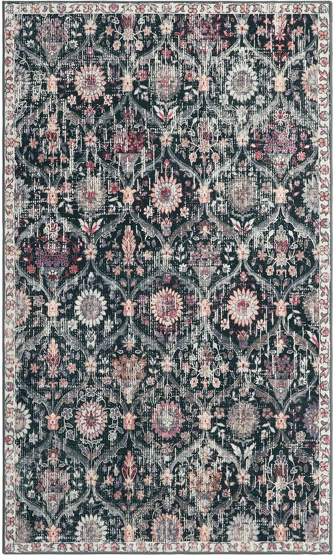 Lahome Moroccan Small Washable Rugs, 3x5 Black Rug for Bedroom Living Room | Trellis Non-Slip Oriental Throw Carpet for Kitchen Office Entryway Bathroom Office Elise Black/Multi